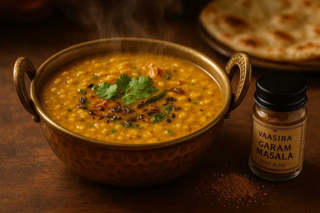 Delicious Dal Tadka served in a traditional bowl with Vaasira Garam Masala spice blend.